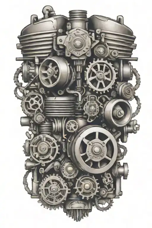 Design A Tattoo Of A Dia De Los Muertos Themed Car Engine Surrounded By Metal Gears And Tools