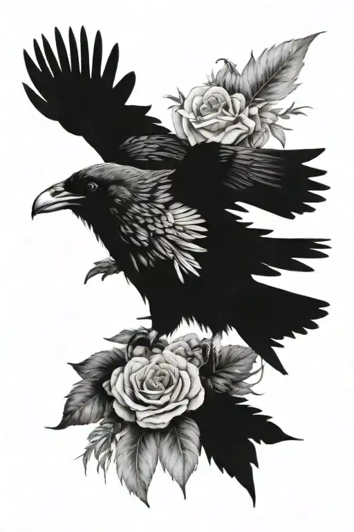 Realistic Raven Drawing With Flowers In Black And White