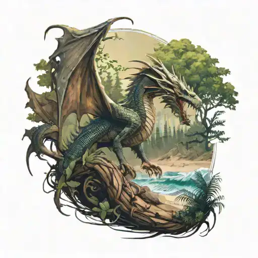 A Fierce Dragon Fighting In A Forest Setting With A Beach In The Background