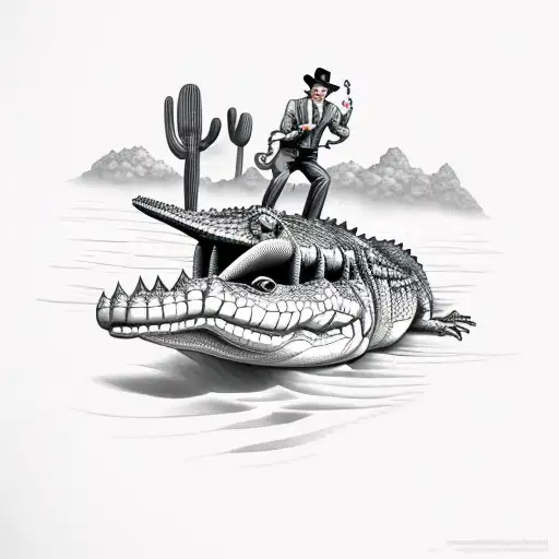 A Salesman Riding A Crocodile Through A Desert Landscape With Water