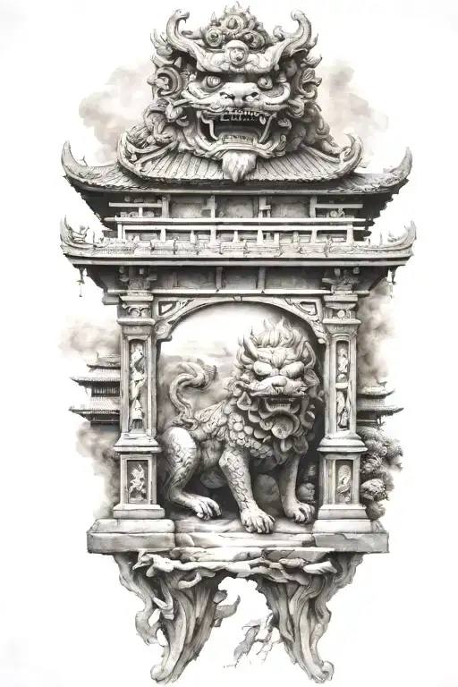 Two Japanese Foo Dog Guarding A Temple Gate Bridge