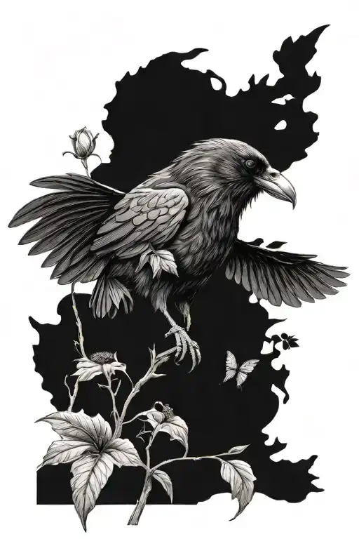 One Raven With Flowers And Falling Leaves In Black And White Pencil Drawing