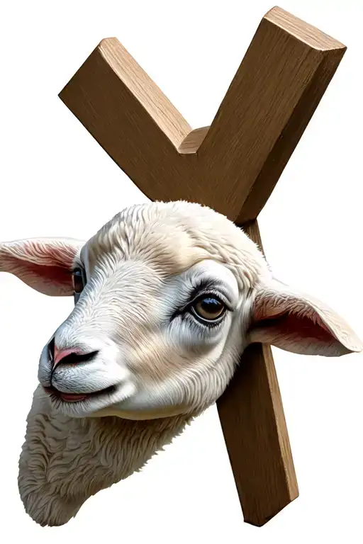 Baby Lamb Head Facing Forward With The Christian Cross Behind It