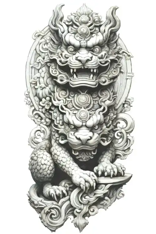Japanese Foo Dog Guarding A Temple