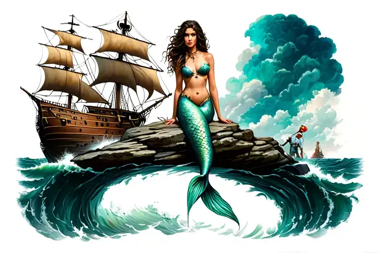 Mermaid Sitting On Top Of A Rock Facing A Pirate Ship