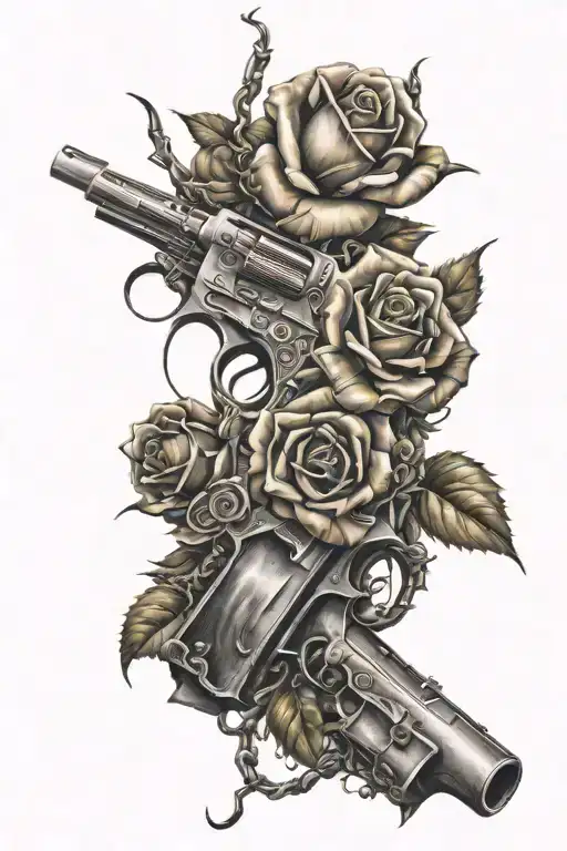 Roses On A Spiked Vine Wrapped Onto Of A Gun Intertwined