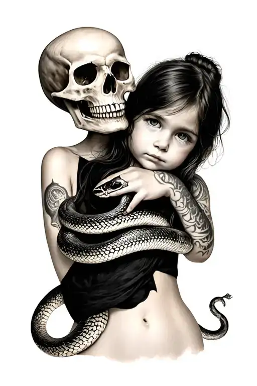 Young Girl Holding A Skull With A Snake Wrapped