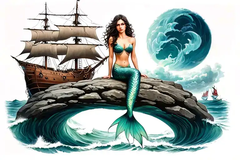 Mermaid Sitting On Top Of A Rock Facing A Pirate Ship