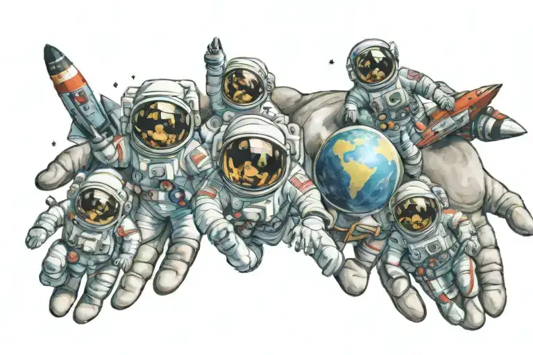 Space With Planets Astronauts Rockets On The Whole Hand