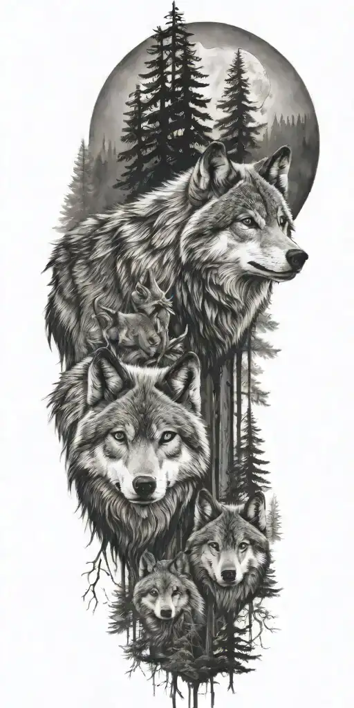 Represent Father And Son As Wolves In A Detailed Forest