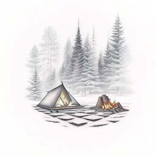 A Serene Forest Scene With A Hidden Campfire