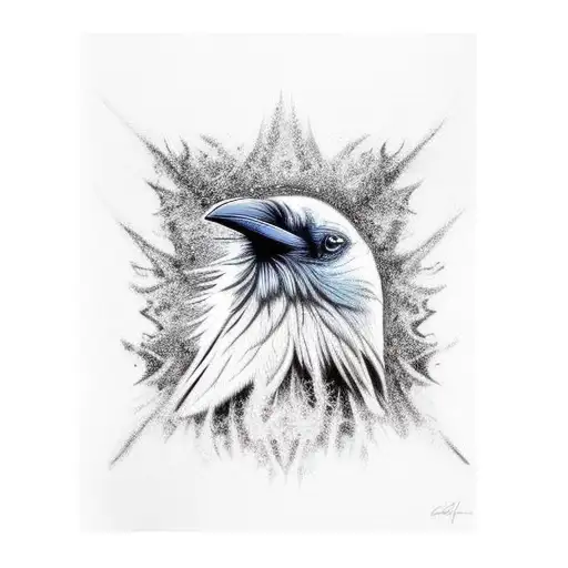 Realism Full Body Of A Raven One Blue Scarred Eye Melting To Ink At Bottom