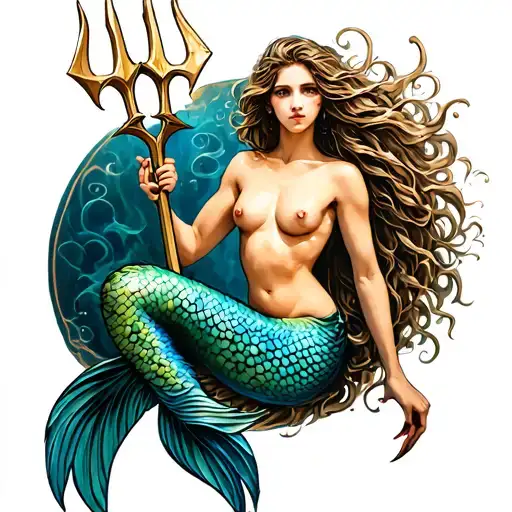 Nude Mermaid With Trident Intertwined