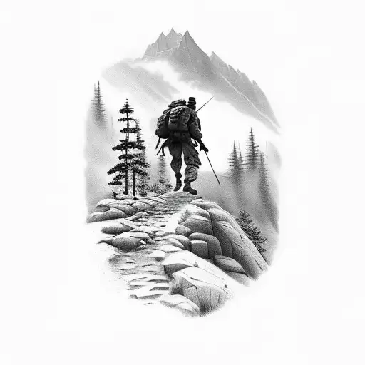A Silhouette Of A Soldier Hiking Up A Steep Mountain