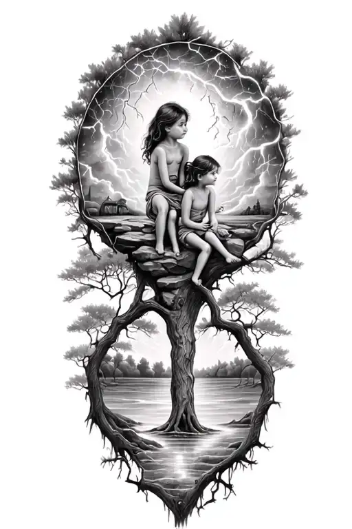 Tree Children Sitting In Rock And Lightining Storm And Belt And Nature