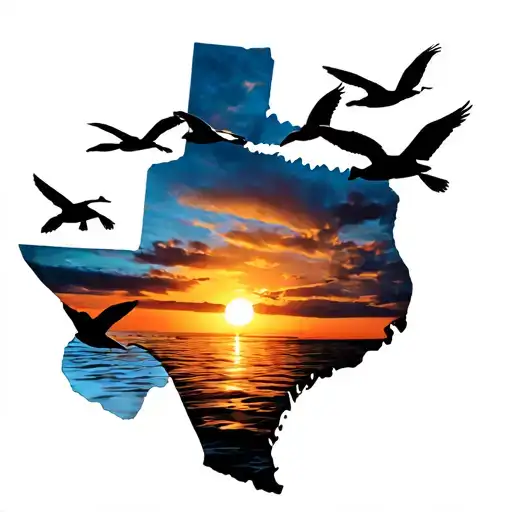 Texas Outline Filled With Sunrise And Ducks Flying