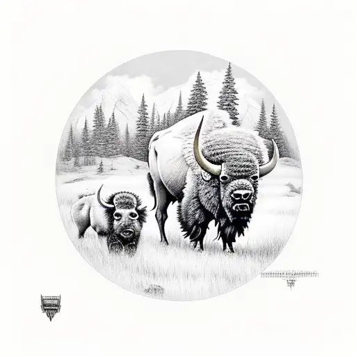 2 Adult Bison And A Baby With A Mountain Background