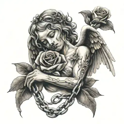 A Crying Angel Holding A Rose Entwined In A Chain