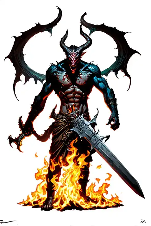 Demon Standing On Fire And Large Weapon