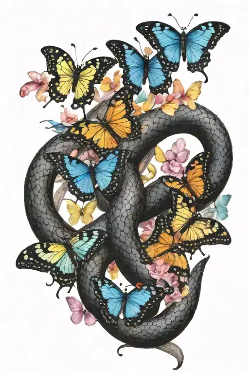 Black Cobra Striking With Colorful Pastel Butterflies Around It