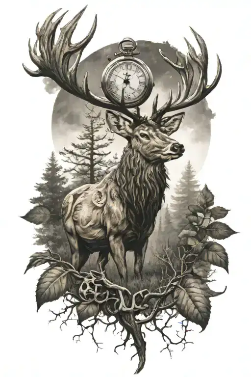 Buff Stag Facing Forward In A Thick Forest Under A Moon That Is Replaced With A Pocket Watch