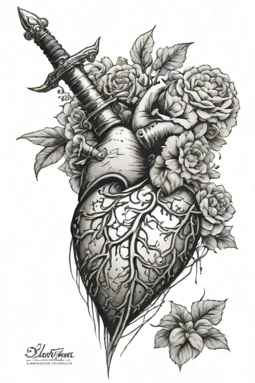 Sharp Sword Tattoo Going Through A Heart And A Brain - Feminine