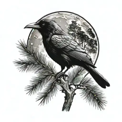 Raven And Moon And Pine Tree