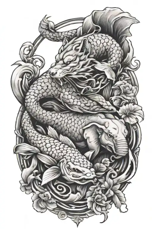 Wolf Koi Fish And Elephant Together Representing