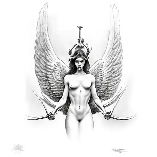 A Black-grey Tattoo Of A Guardian Angel Protecting A Young Bou