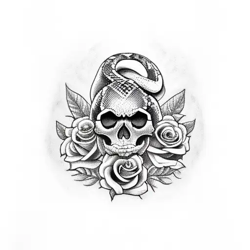 Skull And Roses With Snake Wraping Around It