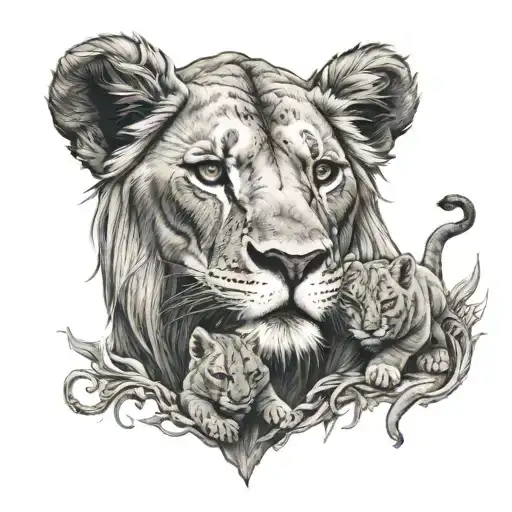 Mother Lion With Her Child Fighting Demons