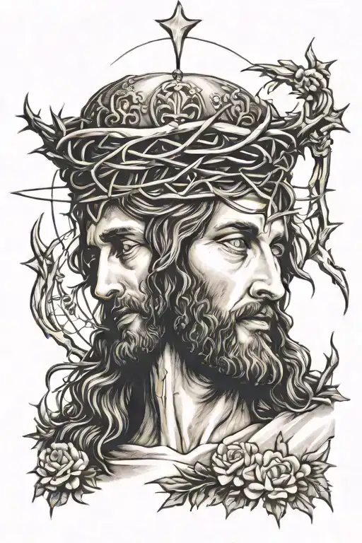 Jesus Christ With With Crown Of Thorns Blended Over The Virgin Mary