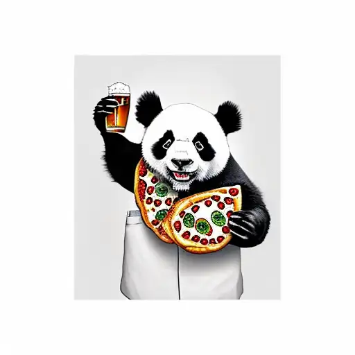 Panda With A Mug Of Beer In One Hand And Slice Of Pizza Inthe Other Hand
