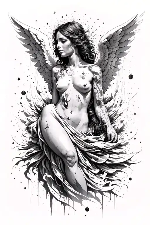 Fallen Angel In Space Thin Line Black And White Abstract With Detailed Face And Body