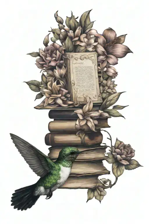 Books Surrounded By Florals And A Hummingbird Hovering