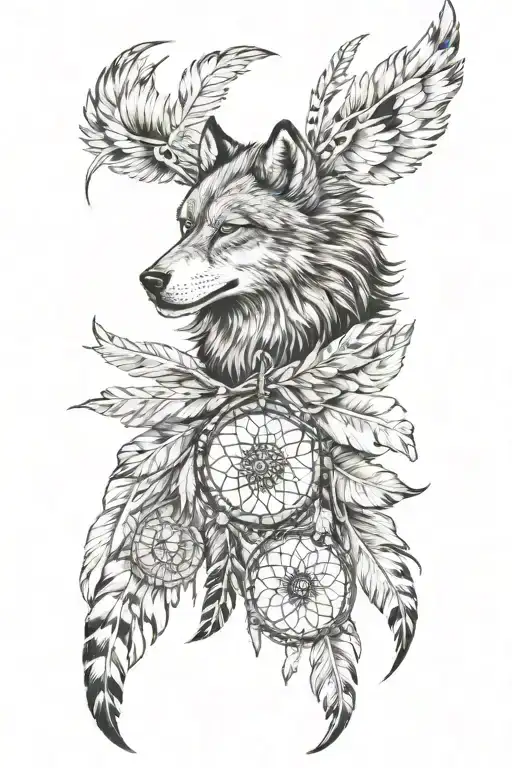 Arm Sleeve With Dream Catcher With Indian Feathers With Wolf And A Catfish And Skull And Bald Eagle