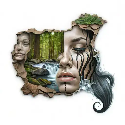Woman Face Melted In A Forest With A Waterfall