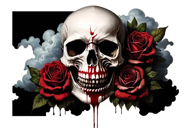 Realistic Back And White Skull With Blood In Dark Goth Style With Clouds And Roses