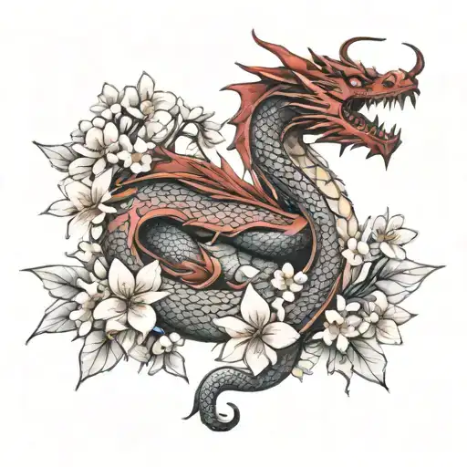 Red Dragon With Cherry Blossoms