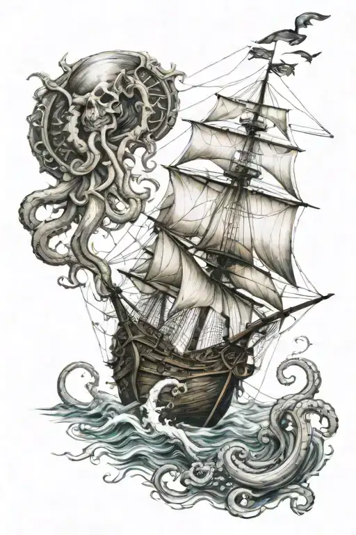 Pirates Calves Sleeve Tattoo Boats And A Giant Octopus Emerging For Ladies Unique