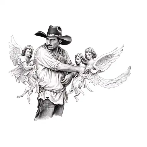 A Man Wearing A Cowboy Hat Surrounded By Guardian Angels