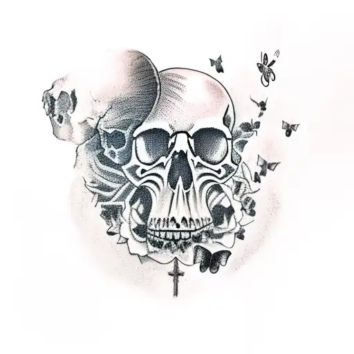 Skull With Dark Clouds And Black Butterflies And Gravestones