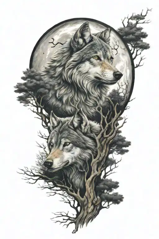 Night Forest Wolf Tattoo Moon Arm Sleeve