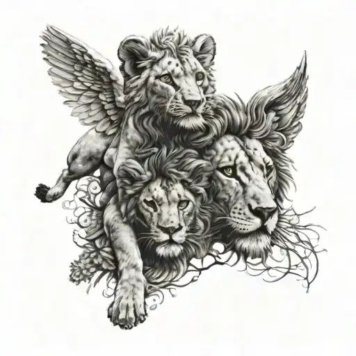 Little Good And Bad Angel With Lion Behind Them