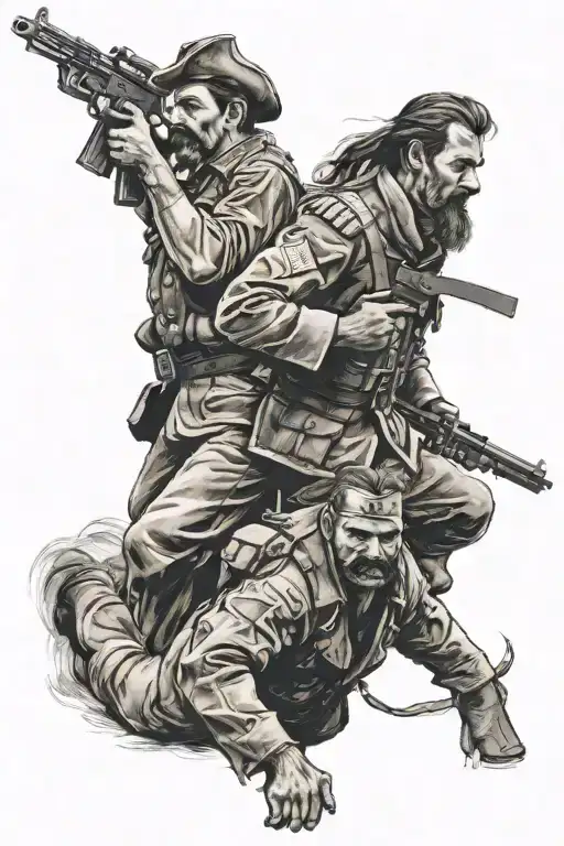 A Cossack With A Forelock And Moustache And A Soldier With A Machine Gun