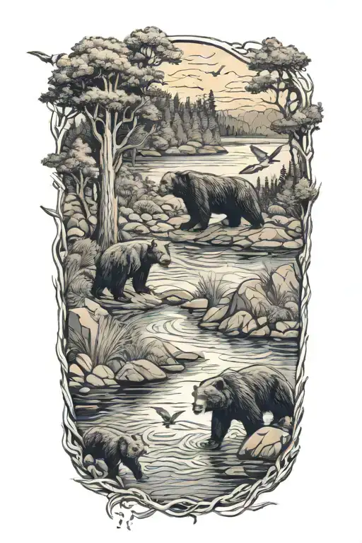 A Flock Of Birds Soaring Over A Tranquil River With Black Bears Fishing Along The Banks