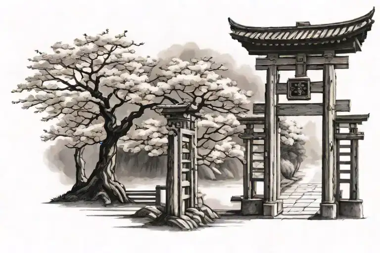 Torii Gate With Cherry Blossom Tree