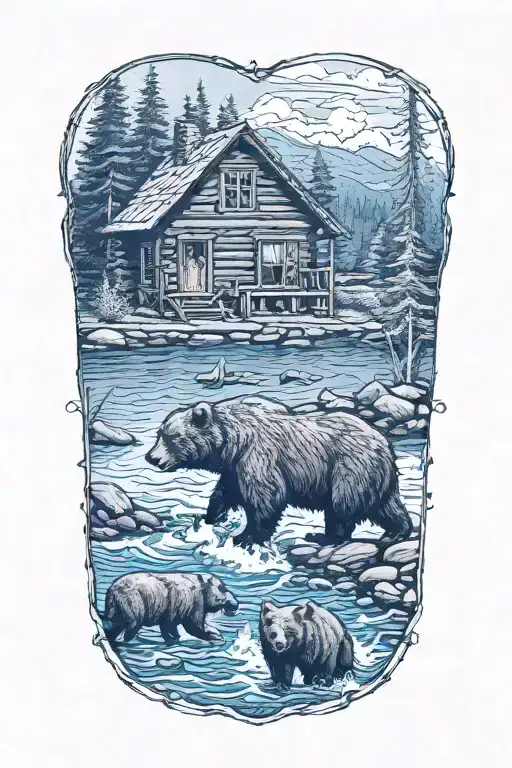 Bears By Water Wall And Cabin