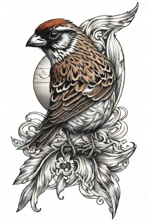 A Sparrow With A Sun And Waves Crashing