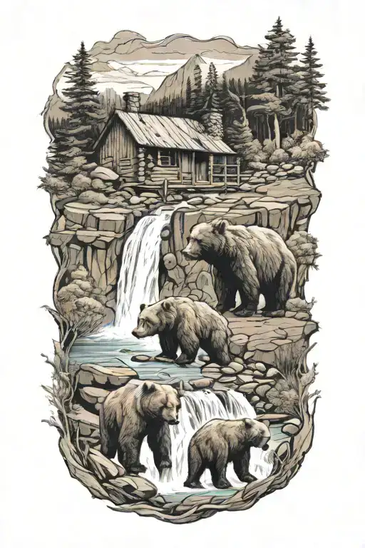Waterfall And 4 Bears By A Cabin Nestled